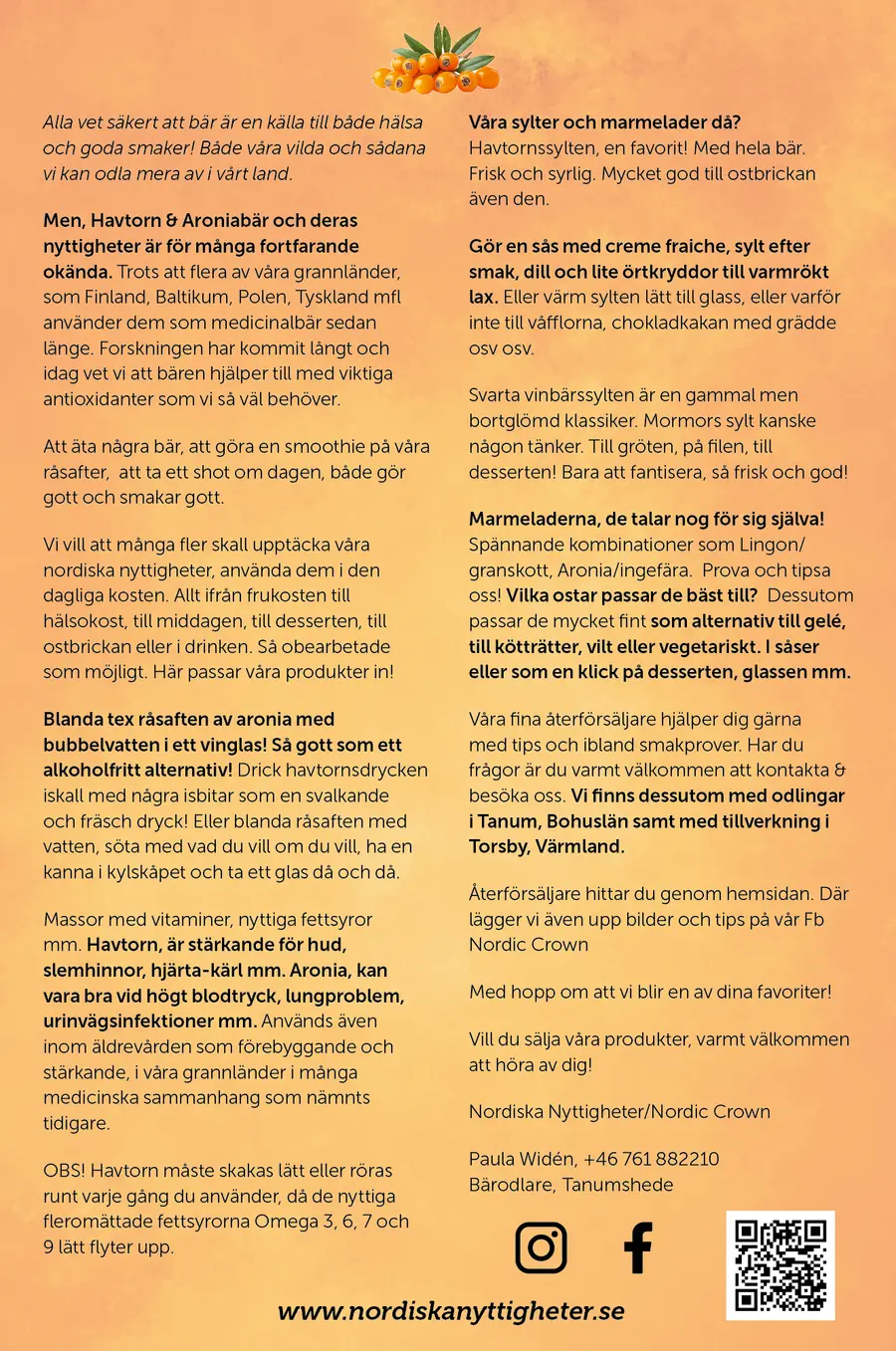 Folderns baksida med text om bären, sylterna och marmeladerna samt kontaktuppgifter till Nordiska Nyttigheter