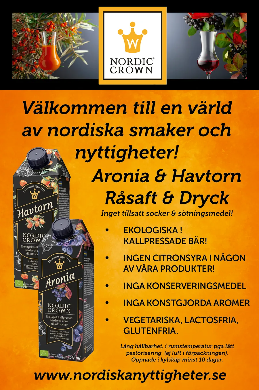 Folderns framsida med Nordic Crowns havtorns- och aroniadrycker och rubriken Välkommen till en värld av nordiska smaker och nyttigheter