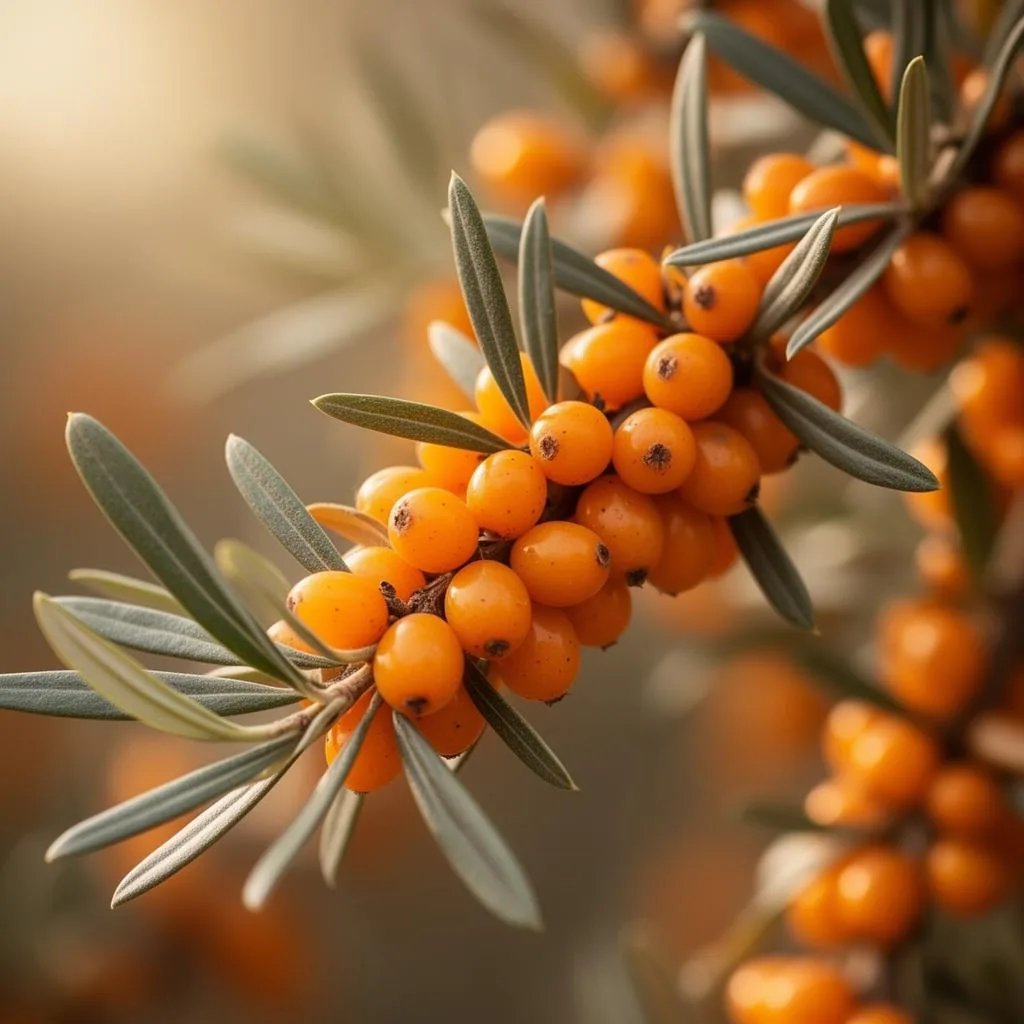 Närbild på en havtornsgren tät av orange bär mellan smala silvergröna blad
